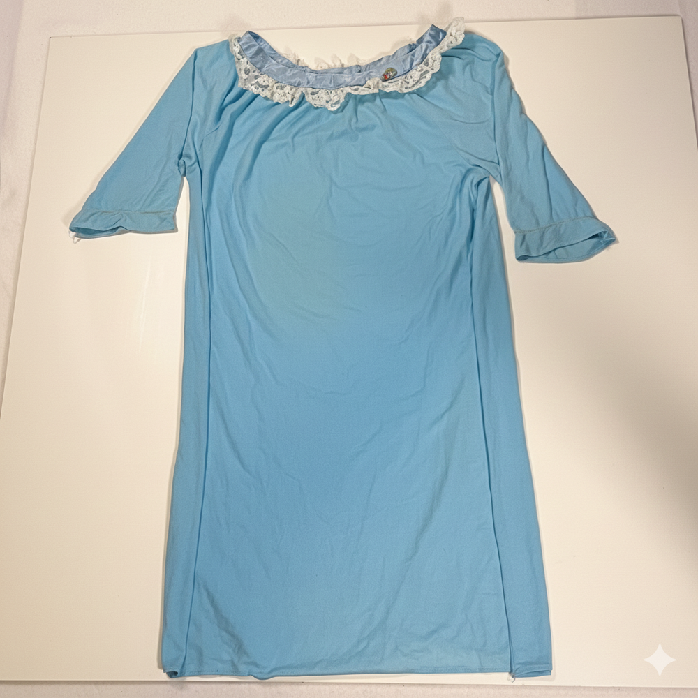 Vintage Lace Collar Nightgown Womens Medium Blue Half Sleeve 60s Cottagecore